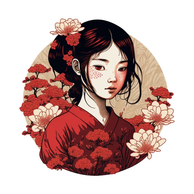 Japanese Girl wearing a Kimono with Red Flowers by Galeaettu
