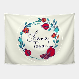 Shana Tova, pomegranate wreath on ivory Tapestry