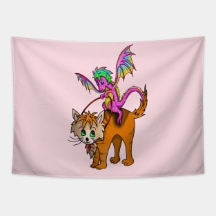 Cute tiny pink dragon riding a ginger cat Tapestry