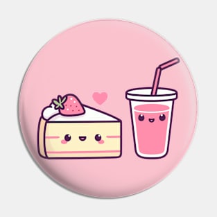 Cute Kawaii Strawberry Cake and Strawberry Milkshake in Love | Kawaii Food Art Pin