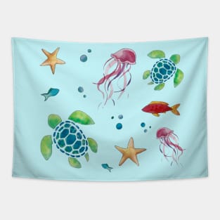 Watercolor Sea Creature Pattern Tapestry