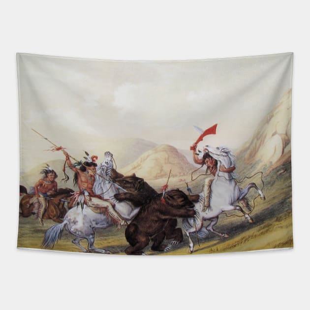 Attacking the Grizzly Bear by George Catlin Tapestry by Classic Art Stall