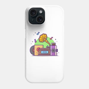 Old Music Player with Gramophone , Camera, and Vinyl Music Cartoon Vector Icon Illustration Phone Case