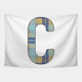 Monogram Letter C, Blue, Yellow and Grey Scottish Tartan Style Typography Design Tapestry