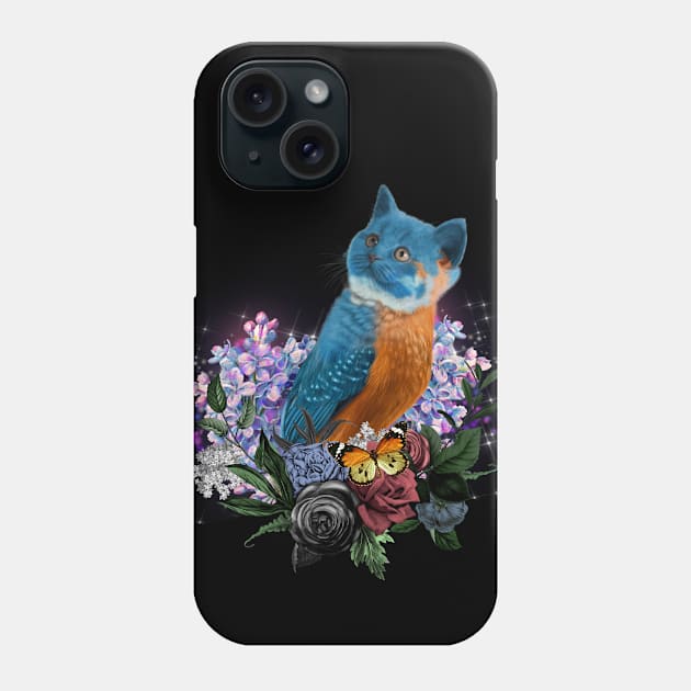 Funny cute birdkitten with flowers in the night Phone Case by Nicky2342