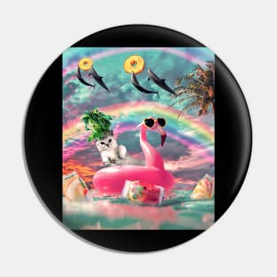 Cute Rainbow Cat On Flamingo With Dolphin Pin