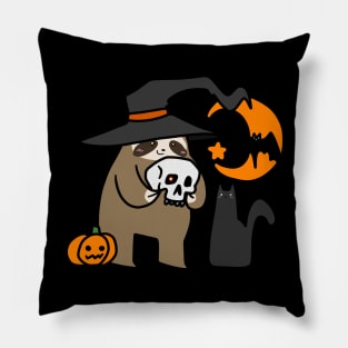 Witch Sloth Holding a Skull Pillow