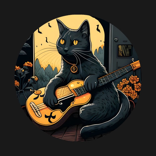 Alone Cool Black Cat Playing Guitar Bass - Love Cats by Daphne R. Ellington