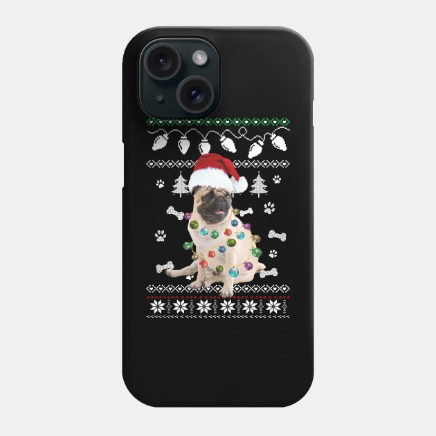 PUG Dog Christmas Light Santa Hat Ugly Sweater Phone Case by QUYNH SOCIU