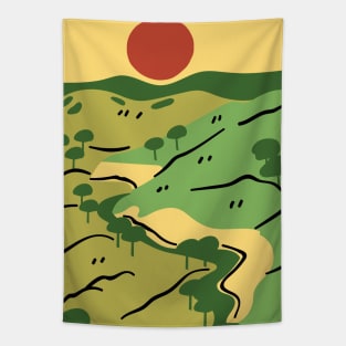 Red sun on the mountain Tapestry