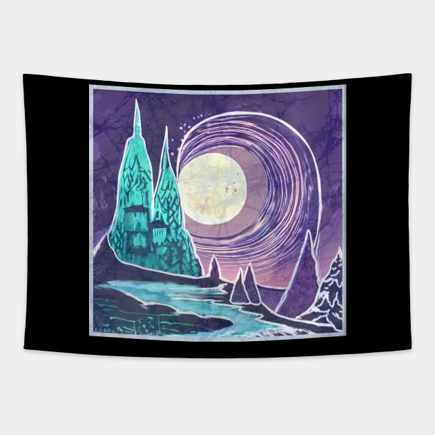 Moon Tree city in Batik Style Tapestry by Aurora X