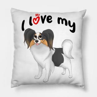 I Love My White, Black & Tan Papillon Dog Pillow