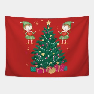 Christmas Tree Elfs Tapestry