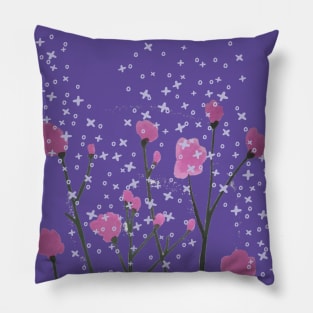 Cute Little Pink Flowers in Purple Background Pillow