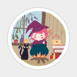 Cute Pink Witch Girl Illustration Magnet