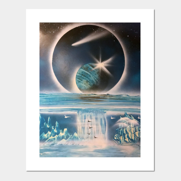 Fantasy Solar Eclipse Earth Moon Space Stars Ocean Ship Artwork