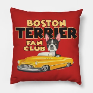 Cute Boston Terrier Dog in classic yellow car retro Boston Terrier in Yellow Classic Car Red Pillow