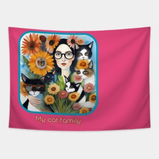 My Cat Family (lady wearing eyeglasses with 5 cats) Tapestry