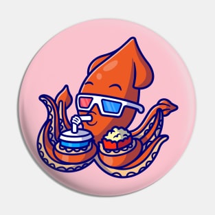 Cute Squid Watching Movie With Popcorn And Drink Cartoon Pin