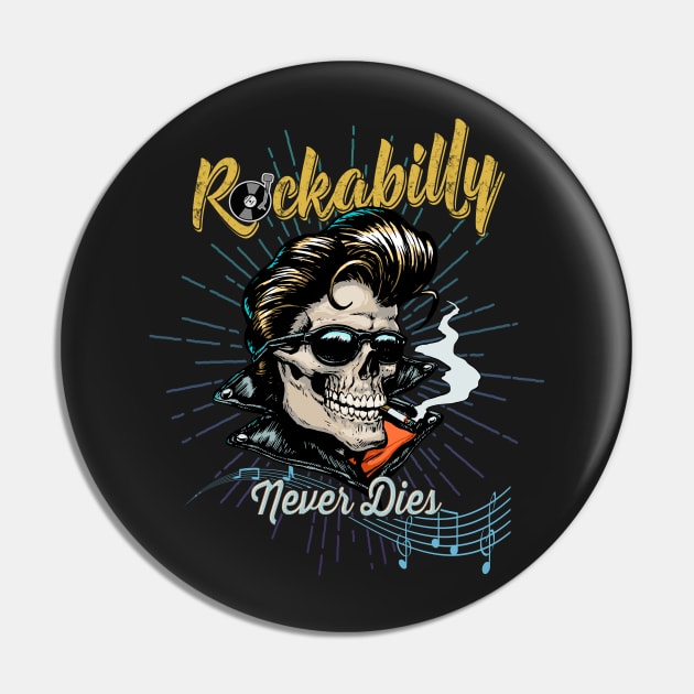 Rockabilly Never Dies - 1950s Retro Barber Skull Bikers Pin by norules