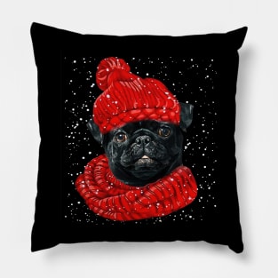 Black Pug Wearing Red Hat And Scarf In Snow Christmas Pillow