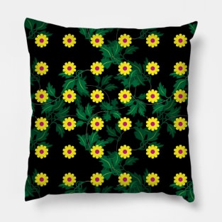 Yellow daisies with Cerise centres over layers of vine leaves on a Black background Pillow