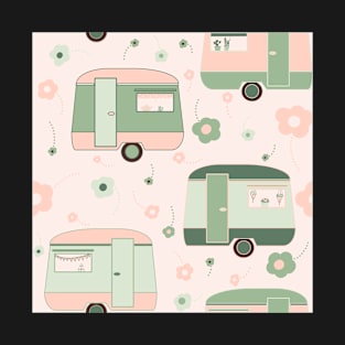 Repeat pattern of cute vintage caravans in pastel pinks and greens T-Shirt