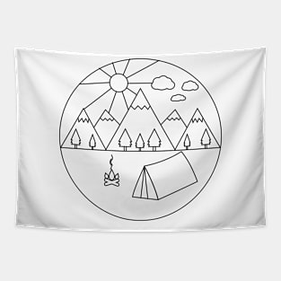 Camping in the mountains - fire camp and tent in a mountains landscape Tapestry