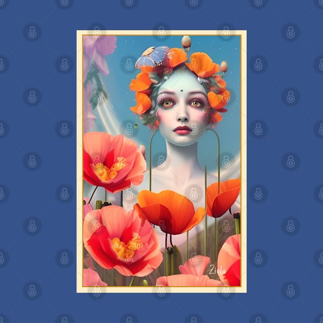 Dreamy design of a pop surrealism painting of girl with poppy flowers by ZiolaRosa