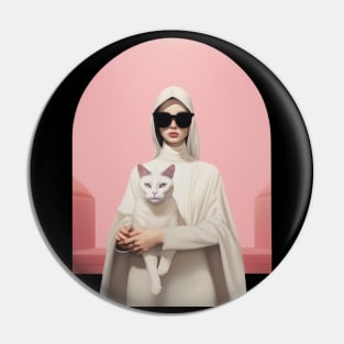 Realistic Cat Lady: Soft Pink & White Woman with Sunglasses and Cat Pin