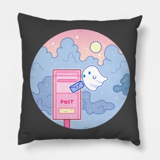 A small ghost sends a letter through a mailbox Pillow