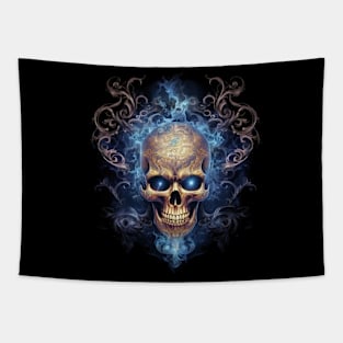 Skull on Blue Fire: Baroque Vintage Ornament Background Tapestry