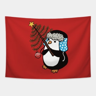 Little Penguin bringing a Christmas tree Tapestry