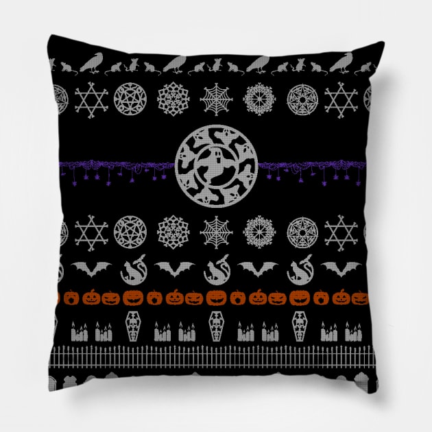 Halloween Ugly Christmas Sweater Pattern | Xmas Goth Design Pillow by Vampyre Zen