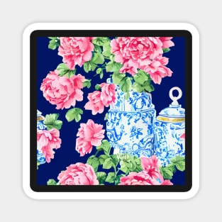 Roses in chinoiserie jar on navy blue background Magnet