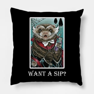 Grandpa Munsters Ferret - Want A Sip? - White Outlined Version Pillow