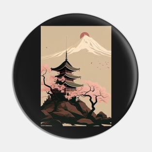 Serene Serenity: Minimal Japanese Temple, Cherry Blossoms and Mount Fiji Pin