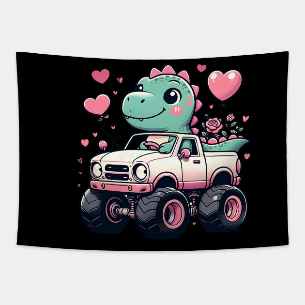 Cute Girls Kids Valentines Day Dinosaur Riding Monster Truck Tapestry by jadolomadolo