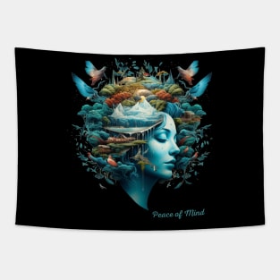 Peace of Mind A Woman head WIth Birds And Trees Over It Harmony With Nature Positive Psychology Tapestry