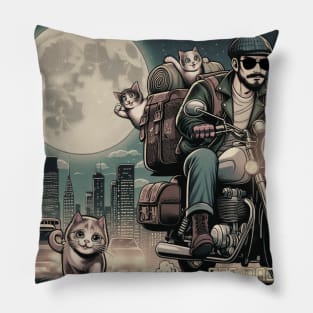 Roaming Riders: Motorbiker Cat Dad Adventure Pillow