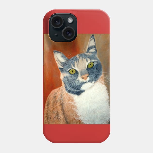 Calico Cat Pastel Portrait in Grey, White and Orange Phone Case by KarenZukArt