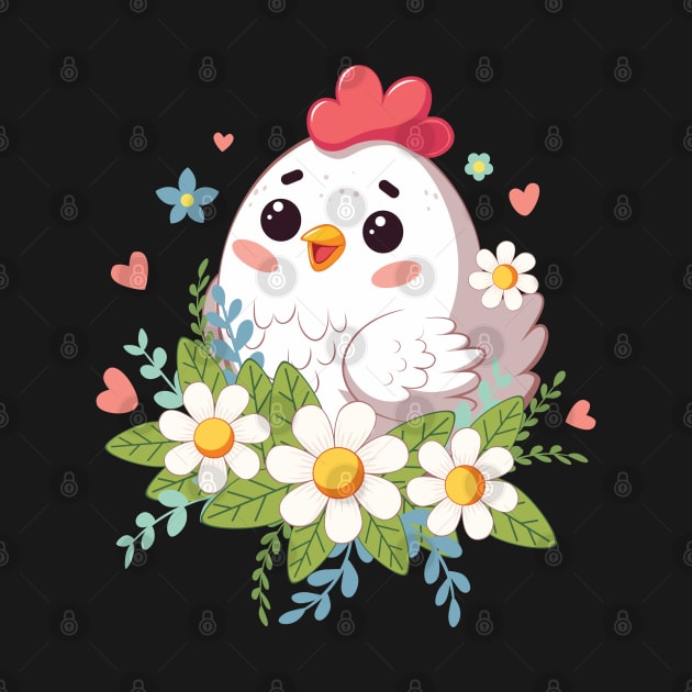 Happy kawaii chicken with flowers by AnnArtshock