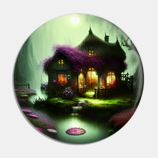 Sparkling Fantasy Cottage with Lights and Glitter Background in Forest, Scenery Nature Pin