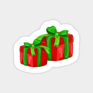 A red gift with a  green ribbon and a bow Magnet