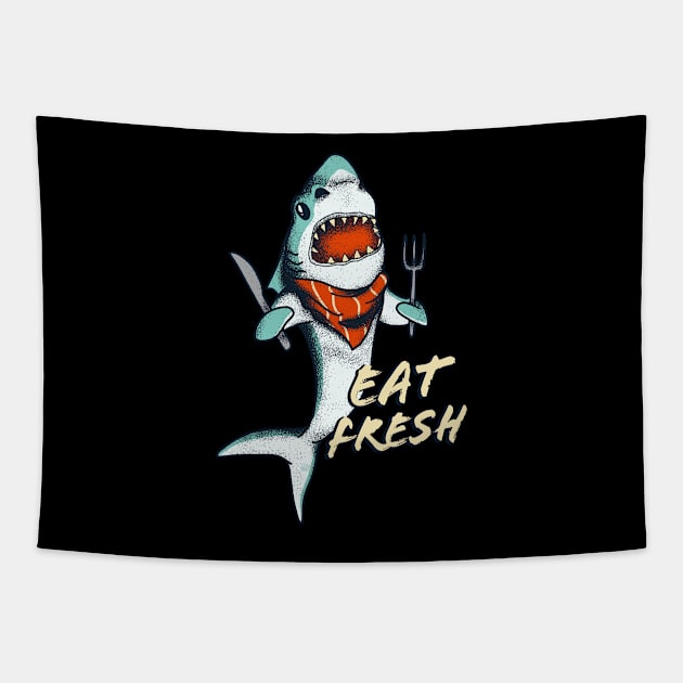 Hungry Shark Eat Fresh Sea Kitchen Cook Tapestry by Foxxy Merch