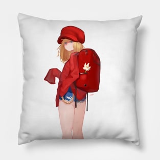 Red Backpack Girl Pillow