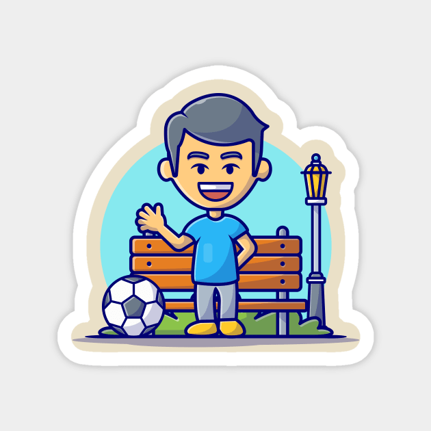 Cute Boy Playing Soccer In the Park Cartoon Vector Icon Illustration Magnet by Catalyst Labs