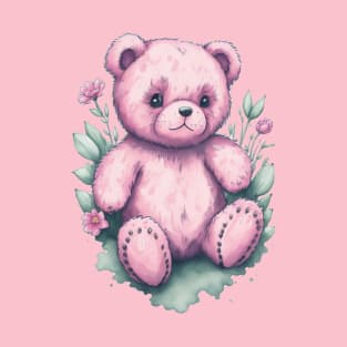 Pink Teddy Bear around Flowers: Scattered Watercolor in Pastel Colors T-Shirt