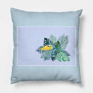 Tropical Marbled Paper Parrot with Jungle Leaves-Blue Pillow