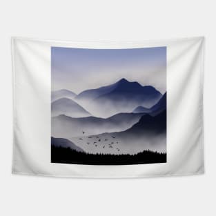 Flock of Birds over Foggy Rocky Hills Landscape Digital Illustration Tapestry